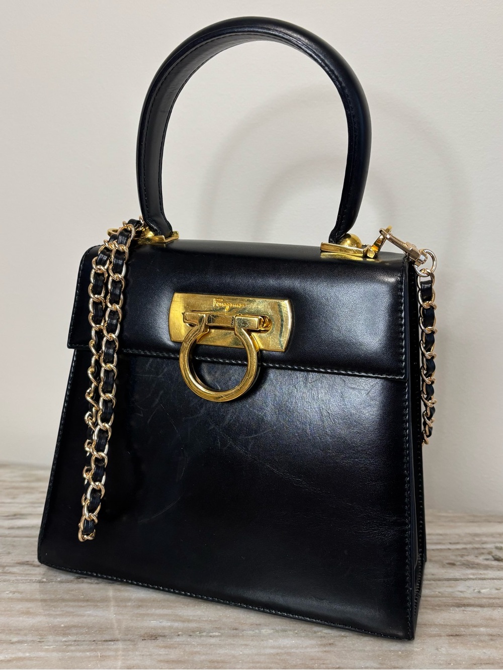 Salvatore Ferragamo Gancini Top Handle Bag Black Leather Gold Hardware Crossbody